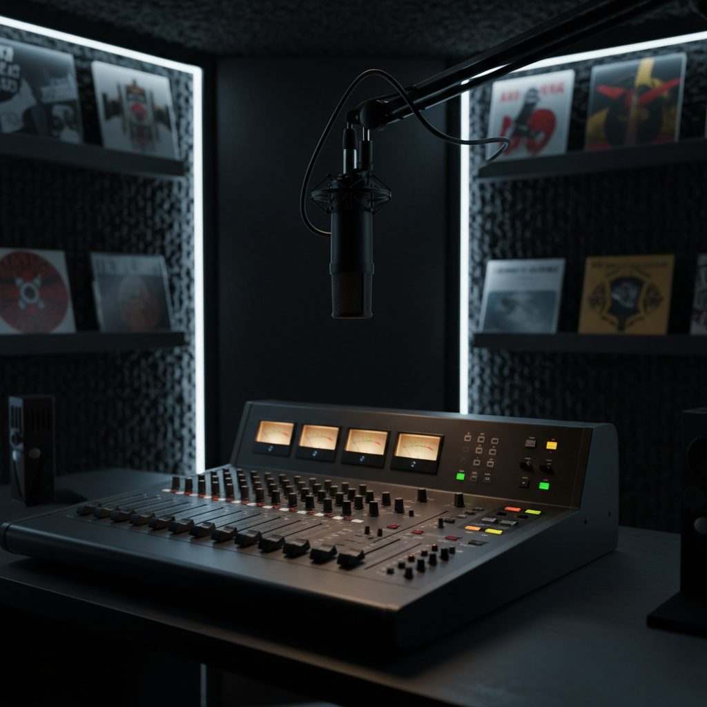 A meticulously organized underground radio booth dominated by a matte-black mixing console, brushed-steel faders, and glowing analog VU meters in amber and green. Surrounding the console, walls are lined with dark acoustic foam, sporadically broken by shelves of worn cassette tapes and vinyl records with minimalist, cryptic cover art. A suspended condenser microphone hangs unused, cables coiled neatly. The scene is lit by dim, cool-toned LED strips and the soft glow of equipment displays, creating pools of light and deep shadows. Photographed at eye level with a shallow depth of field that keeps the console razor sharp while the shelves blur into abstract patterns, the mood is clandestine yet professional, evoking photographic realism and a clean, modern, underground-media aesthetic.